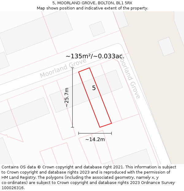 5, MOORLAND GROVE, BOLTON, BL1 5RX: Plot and title map