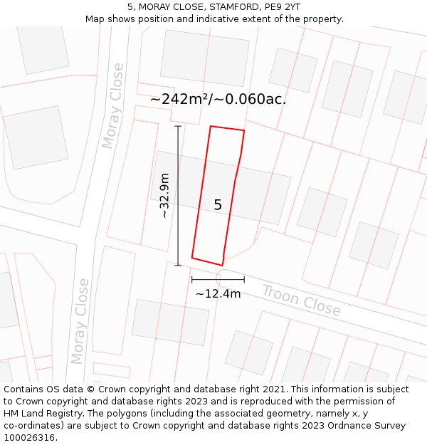 5, MORAY CLOSE, STAMFORD, PE9 2YT: Plot and title map