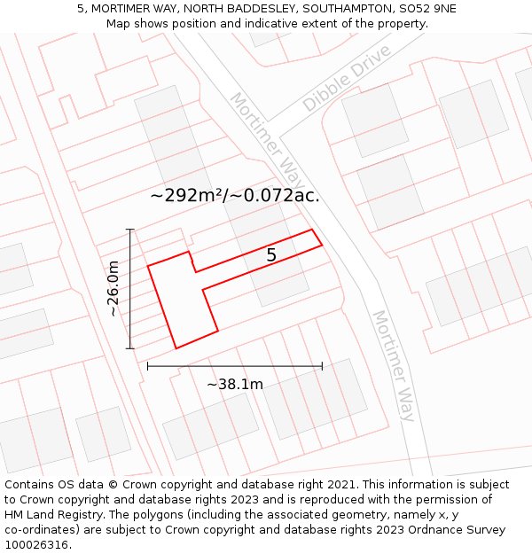 5, MORTIMER WAY, NORTH BADDESLEY, SOUTHAMPTON, SO52 9NE: Plot and title map