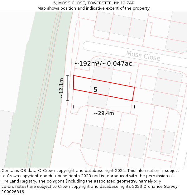 5, MOSS CLOSE, TOWCESTER, NN12 7AP: Plot and title map