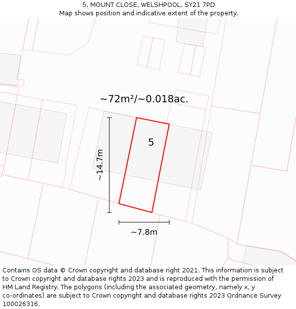 5, MOUNT CLOSE, WELSHPOOL, SY21 7PD: Plot and title map