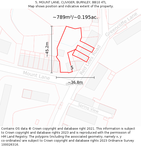 5, MOUNT LANE, CLIVIGER, BURNLEY, BB10 4TL: Plot and title map