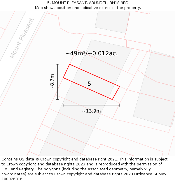5, MOUNT PLEASANT, ARUNDEL, BN18 9BD: Plot and title map
