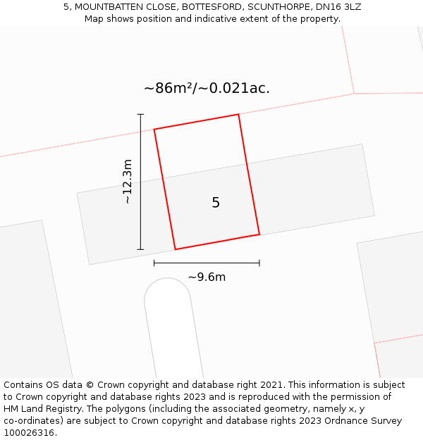 5, MOUNTBATTEN CLOSE, BOTTESFORD, SCUNTHORPE, DN16 3LZ: Plot and title map