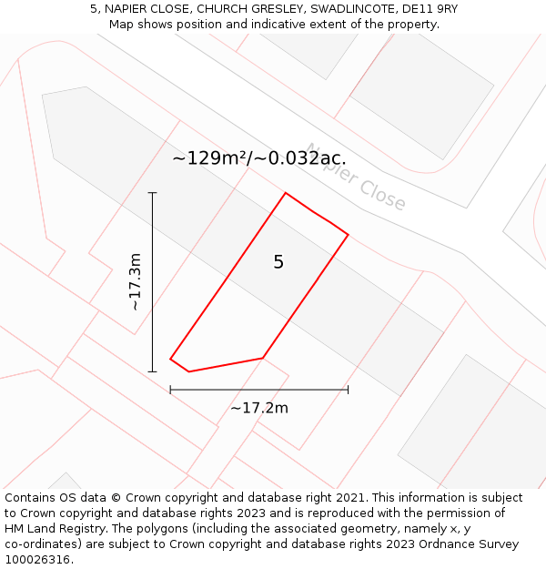 5, NAPIER CLOSE, CHURCH GRESLEY, SWADLINCOTE, DE11 9RY: Plot and title map