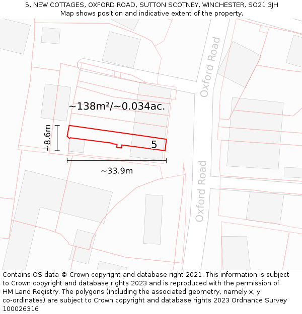 5, NEW COTTAGES, OXFORD ROAD, SUTTON SCOTNEY, WINCHESTER, SO21 3JH: Plot and title map
