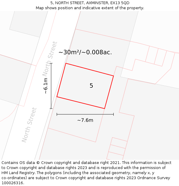 5, NORTH STREET, AXMINSTER, EX13 5QD: Plot and title map