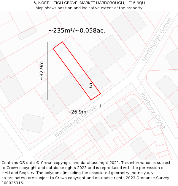 5, NORTHLEIGH GROVE, MARKET HARBOROUGH, LE16 9QU: Plot and title map