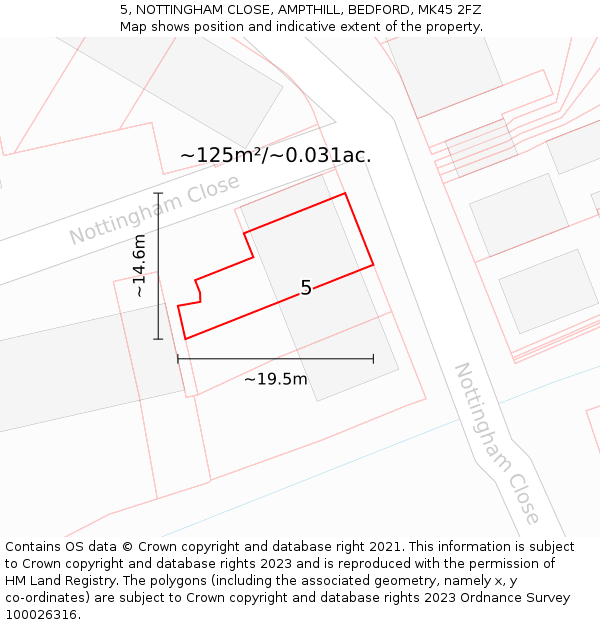 5, NOTTINGHAM CLOSE, AMPTHILL, BEDFORD, MK45 2FZ: Plot and title map