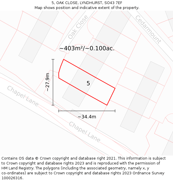 5, OAK CLOSE, LYNDHURST, SO43 7EF: Plot and title map