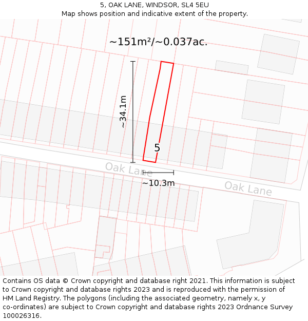 5, OAK LANE, WINDSOR, SL4 5EU: Plot and title map