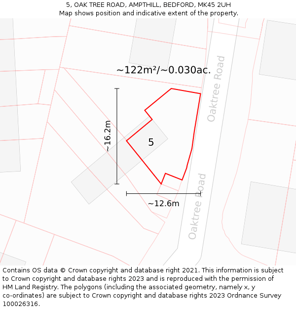 5, OAK TREE ROAD, AMPTHILL, BEDFORD, MK45 2UH: Plot and title map