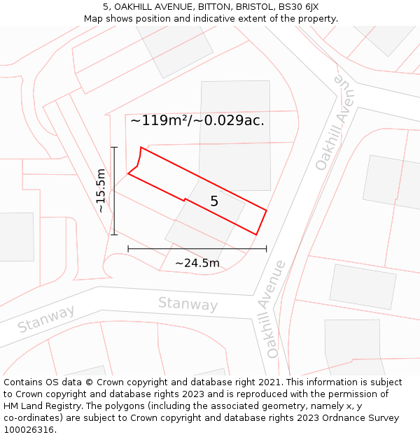 5, OAKHILL AVENUE, BITTON, BRISTOL, BS30 6JX: Plot and title map