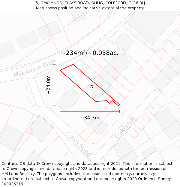 5, OAKLANDS, CLAYS ROAD, SLING, COLEFORD, GL16 8LJ: Plot and title map