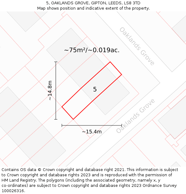 5, OAKLANDS GROVE, GIPTON, LEEDS, LS8 3TD: Plot and title map