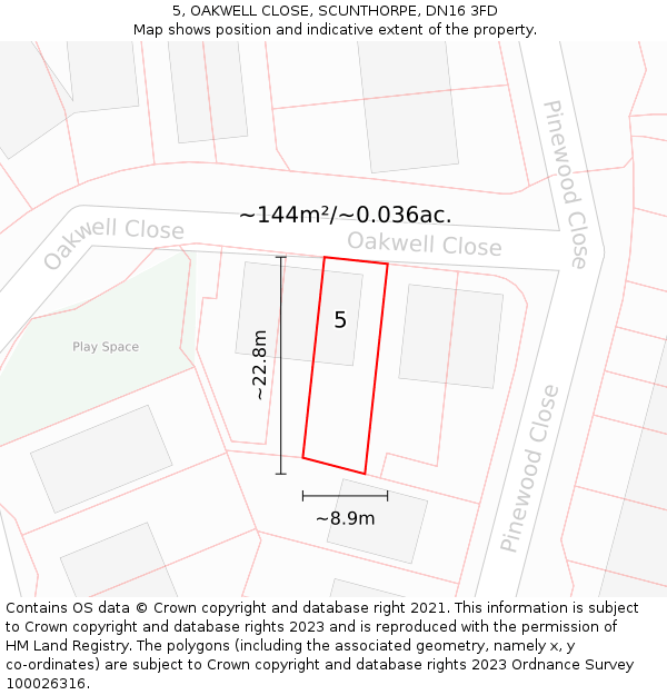 5, OAKWELL CLOSE, SCUNTHORPE, DN16 3FD: Plot and title map