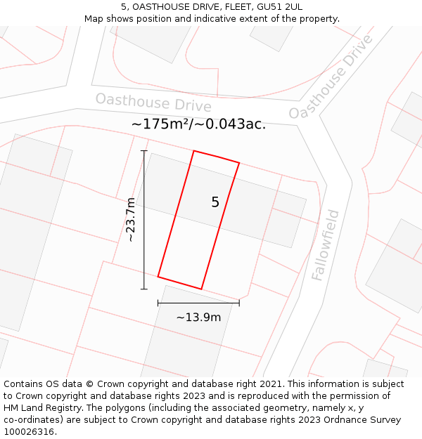 5, OASTHOUSE DRIVE, FLEET, GU51 2UL: Plot and title map