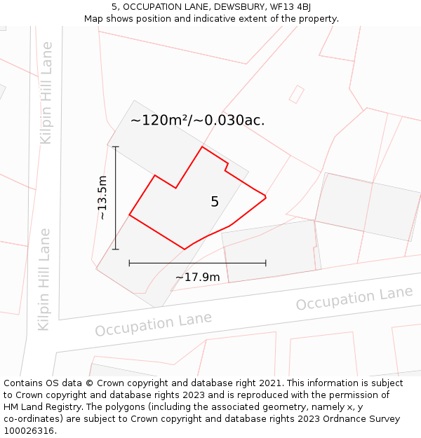 5, OCCUPATION LANE, DEWSBURY, WF13 4BJ: Plot and title map