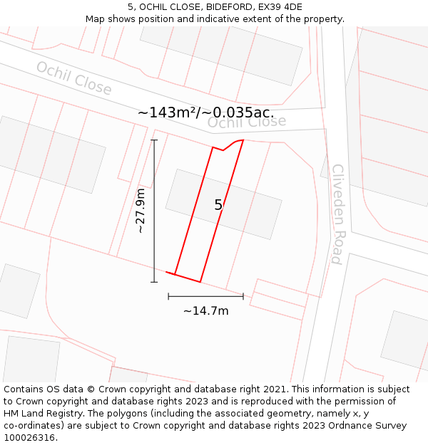 5, OCHIL CLOSE, BIDEFORD, EX39 4DE: Plot and title map