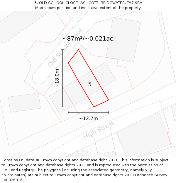 5, OLD SCHOOL CLOSE, ASHCOTT, BRIDGWATER, TA7 9RA: Plot and title map