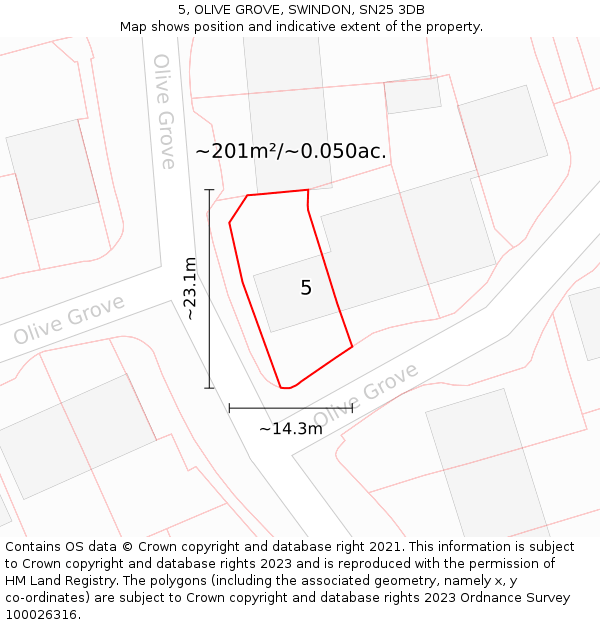 5, OLIVE GROVE, SWINDON, SN25 3DB: Plot and title map
