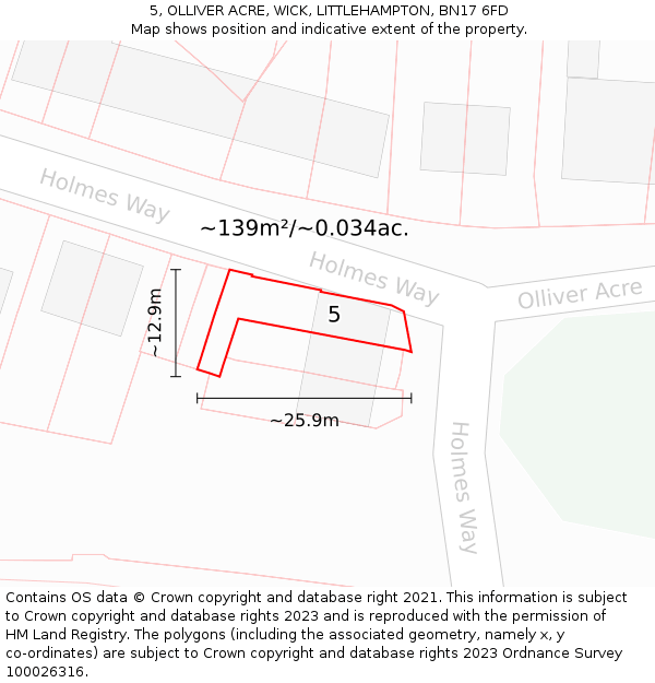 5, OLLIVER ACRE, WICK, LITTLEHAMPTON, BN17 6FD: Plot and title map