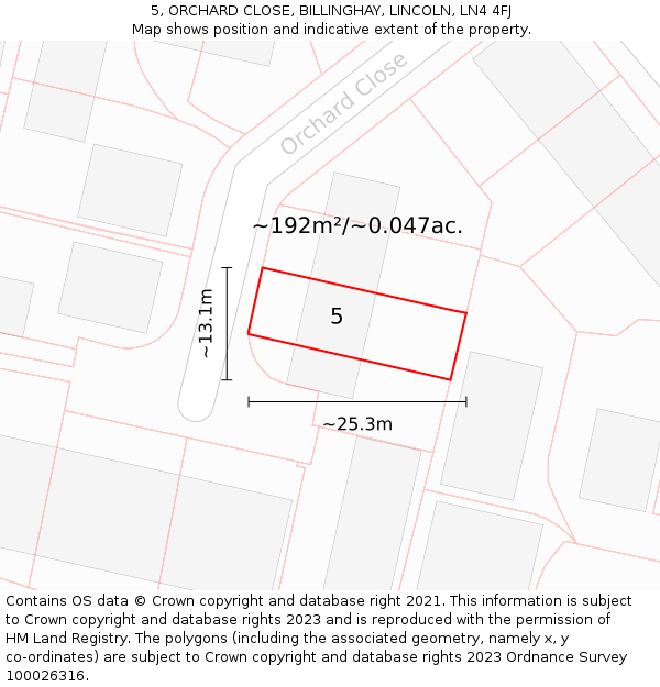 5, ORCHARD CLOSE, BILLINGHAY, LINCOLN, LN4 4FJ: Plot and title map