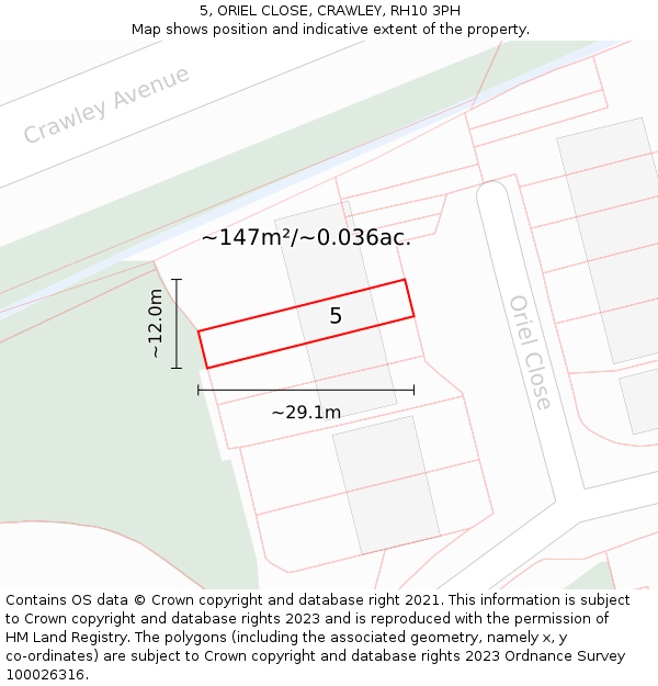 5, ORIEL CLOSE, CRAWLEY, RH10 3PH: Plot and title map