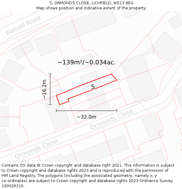 5, ORMONDS CLOSE, LICHFIELD, WS13 8EG: Plot and title map
