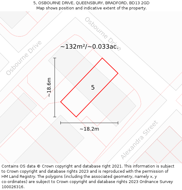 5, OSBOURNE DRIVE, QUEENSBURY, BRADFORD, BD13 2GD: Plot and title map