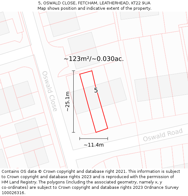 5, OSWALD CLOSE, FETCHAM, LEATHERHEAD, KT22 9UA: Plot and title map