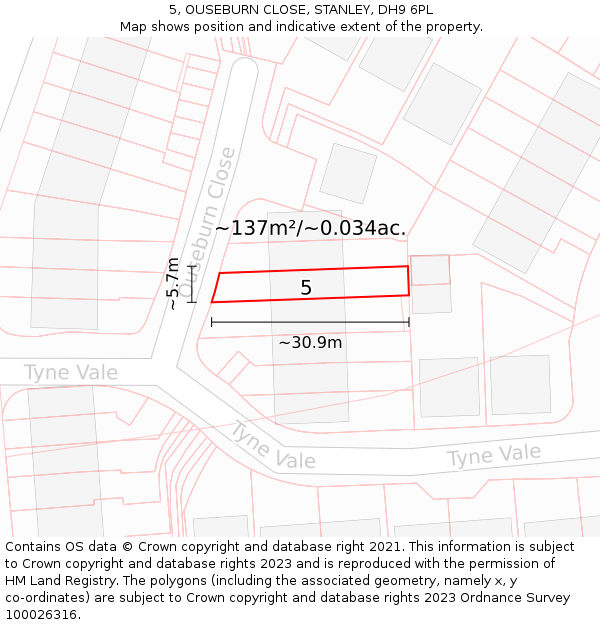 5, OUSEBURN CLOSE, STANLEY, DH9 6PL: Plot and title map