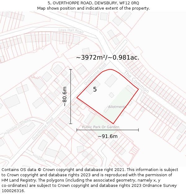 5, OVERTHORPE ROAD, DEWSBURY, WF12 0RQ: Plot and title map