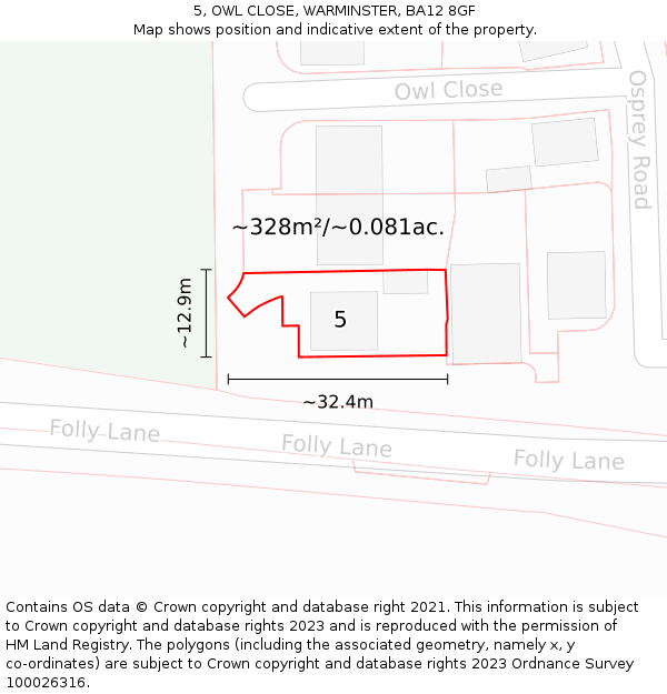 5, OWL CLOSE, WARMINSTER, BA12 8GF: Plot and title map