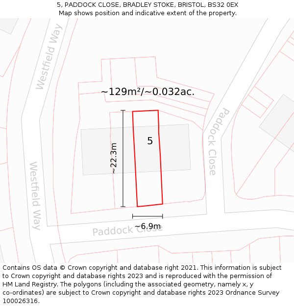 5, PADDOCK CLOSE, BRADLEY STOKE, BRISTOL, BS32 0EX: Plot and title map