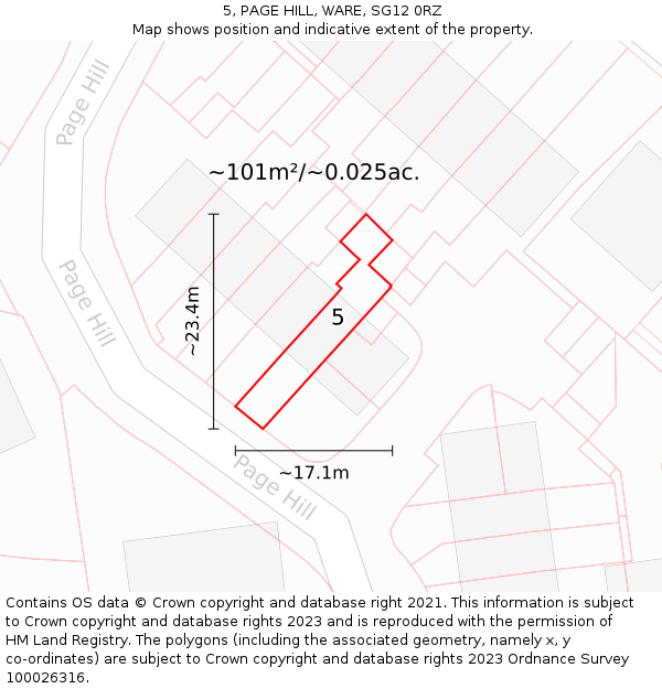5, PAGE HILL, WARE, SG12 0RZ: Plot and title map
