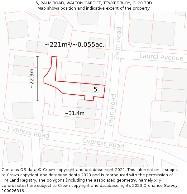 5, PALM ROAD, WALTON CARDIFF, TEWKESBURY, GL20 7RD: Plot and title map