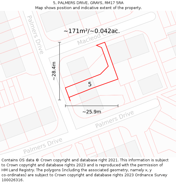 5, PALMERS DRIVE, GRAYS, RM17 5RA: Plot and title map