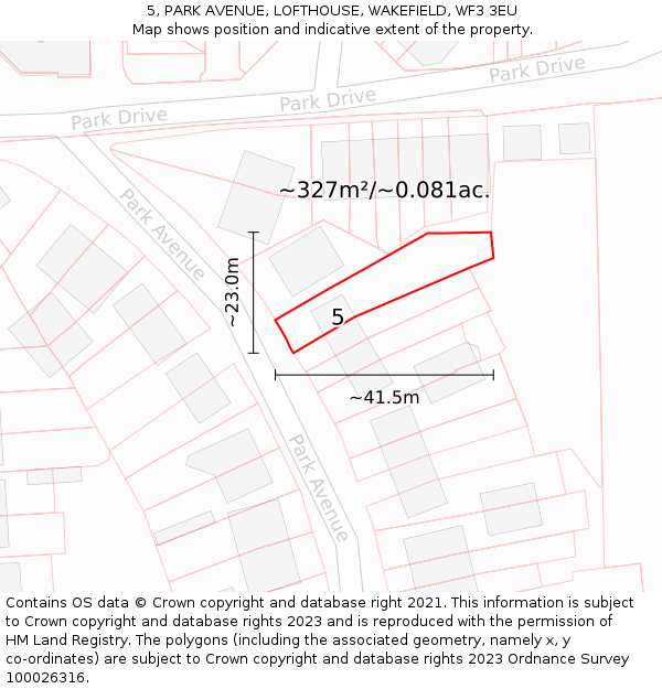 5, PARK AVENUE, LOFTHOUSE, WAKEFIELD, WF3 3EU: Plot and title map
