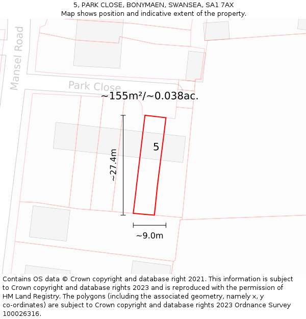 5, PARK CLOSE, BONYMAEN, SWANSEA, SA1 7AX: Plot and title map