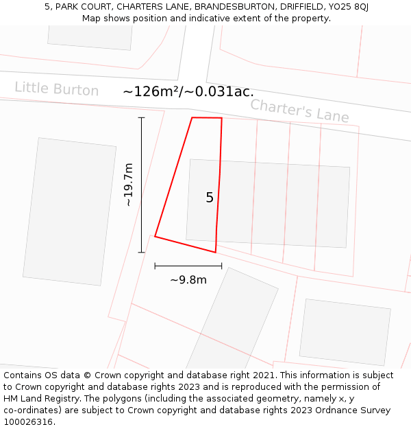 5, PARK COURT, CHARTERS LANE, BRANDESBURTON, DRIFFIELD, YO25 8QJ: Plot and title map
