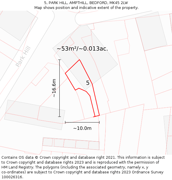 5, PARK HILL, AMPTHILL, BEDFORD, MK45 2LW: Plot and title map