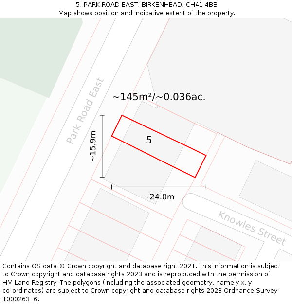5, PARK ROAD EAST, BIRKENHEAD, CH41 4BB: Plot and title map
