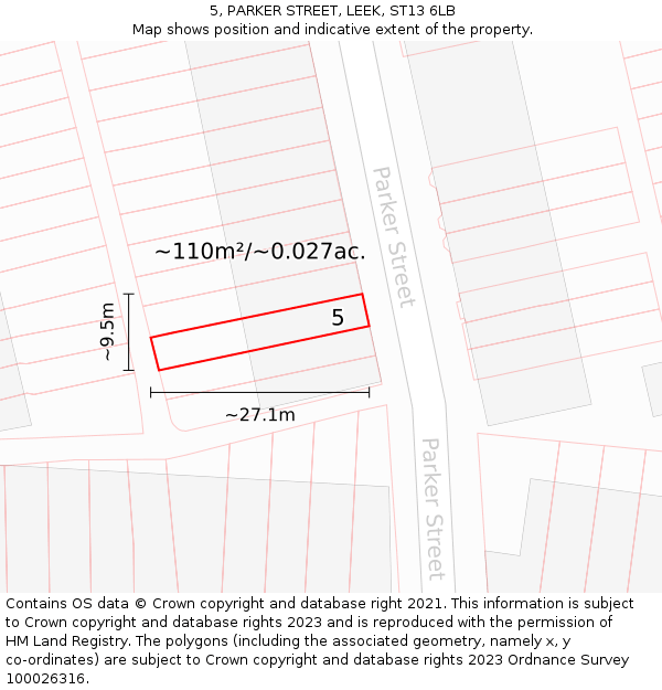 5, PARKER STREET, LEEK, ST13 6LB: Plot and title map