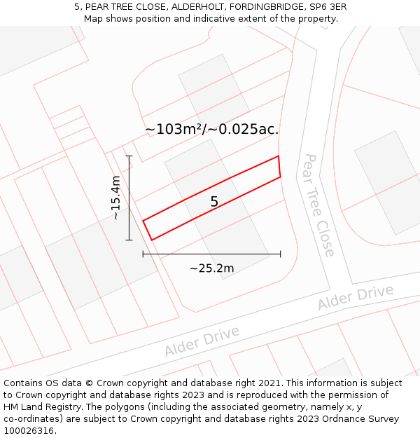 5, PEAR TREE CLOSE, ALDERHOLT, FORDINGBRIDGE, SP6 3ER: Plot and title map
