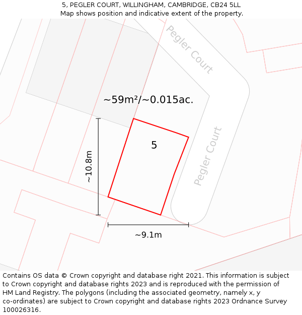 5, PEGLER COURT, WILLINGHAM, CAMBRIDGE, CB24 5LL: Plot and title map