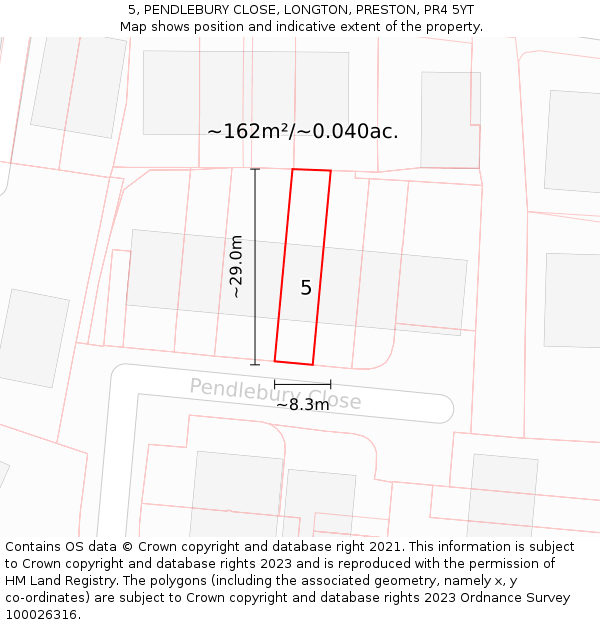 5, PENDLEBURY CLOSE, LONGTON, PRESTON, PR4 5YT: Plot and title map