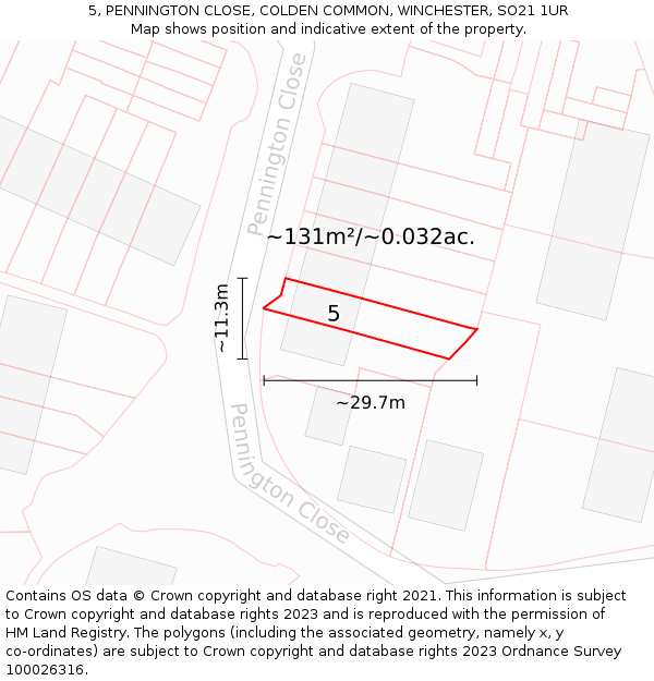 5, PENNINGTON CLOSE, COLDEN COMMON, WINCHESTER, SO21 1UR: Plot and title map