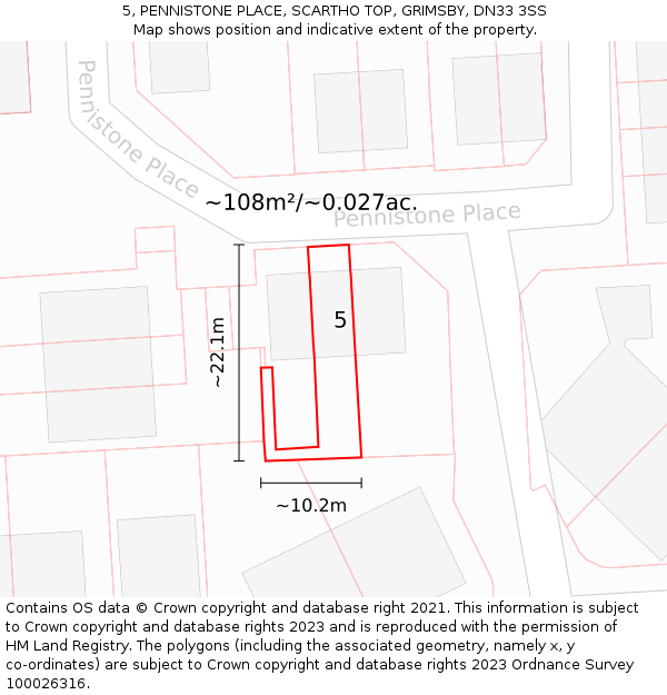 5, PENNISTONE PLACE, SCARTHO TOP, GRIMSBY, DN33 3SS: Plot and title map