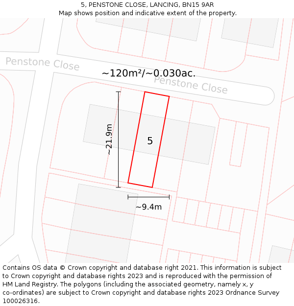 5, PENSTONE CLOSE, LANCING, BN15 9AR: Plot and title map